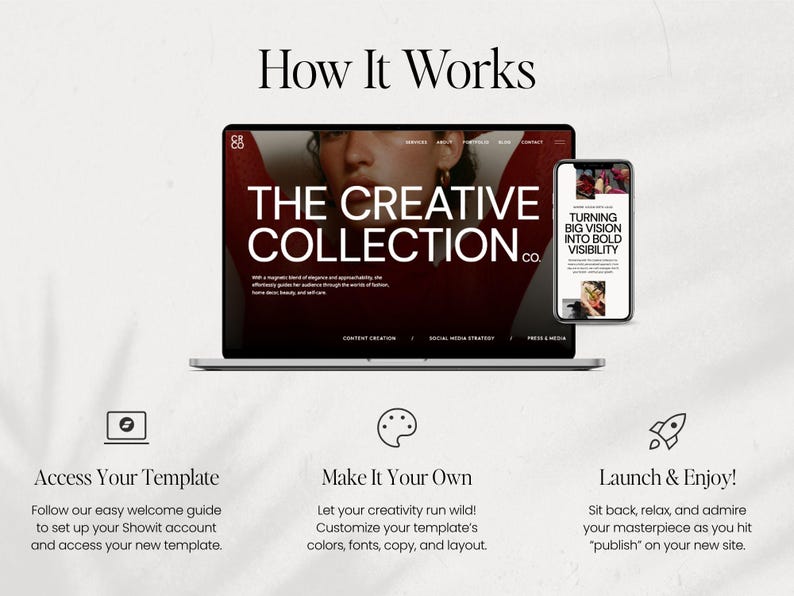 May include: A laptop and smartphone display a website design with the text "THE CREATIVE COLLECTION CO." and "TURNING BIG VISION INTO BOLD VISIBILITY." The image also includes icons and text describing the process: Access Your Template, Make It Your Own, and Launch & Enjoy!