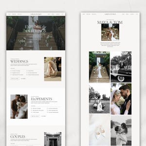 May include: A website for a wedding photography studio called "Lora in Studio". The website features a black and white photo of a couple on their wedding day, along with text that says "Explore the Offerings".