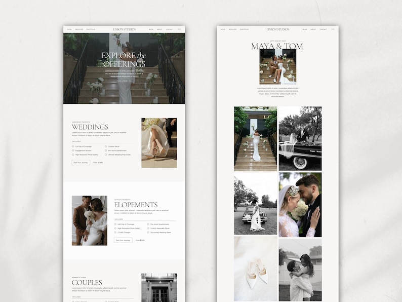 May include: A website for a wedding photography studio called "Lora in Studio". The website features a black and white photo of a couple on their wedding day, along with text that says "Explore the Offerings".