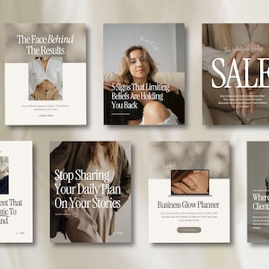 May include: A collage of nine Instagram posts with various topics related to business and entrepreneurship. The posts feature text overlays with titles such as "The Face Behind The Results", "5 Signs That Limiting Beliefs Are Holding You Back", "Stop Sharing Your Daily Plan On Your Stories", "Creating Content That Feels Authentic To Your Brand", "Business Glow Planner", and "Where Your Dream Clients Are Hiding".