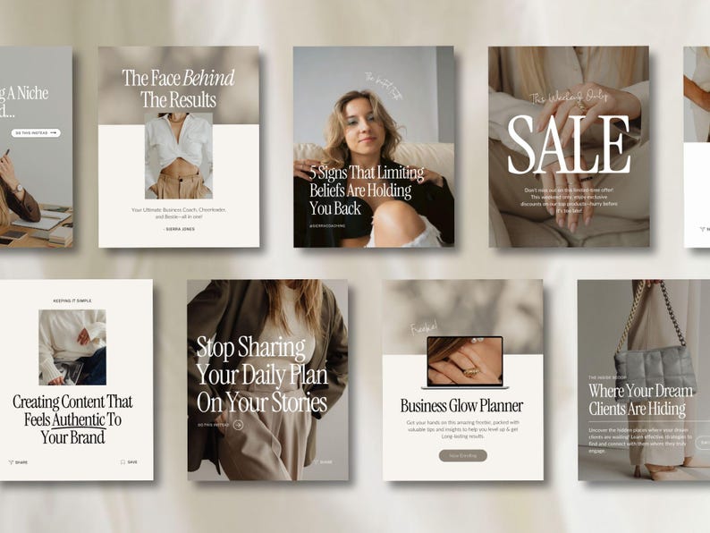 May include: A collage of nine Instagram posts with various topics related to business and entrepreneurship. The posts feature text overlays with titles such as "The Face Behind The Results", "5 Signs That Limiting Beliefs Are Holding You Back", "Stop Sharing Your Daily Plan On Your Stories", "Creating Content That Feels Authentic To Your Brand", "Business Glow Planner", and "Where Your Dream Clients Are Hiding".