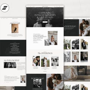May include: A website homepage for a wedding photographer. The website features a black and white color scheme with a minimalist design. The text on the website reads "Capturing intimate moments & love stories" and "The Offerings".