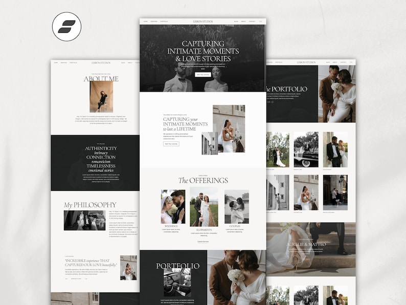 May include: A website homepage for a wedding photographer. The website features a black and white color scheme with a minimalist design. The text on the website reads "Capturing intimate moments & love stories" and "The Offerings".