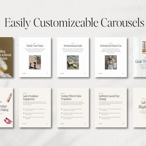 May include: A collage of nine images with text and photos. The images are arranged in a 3x3 grid. The top row features the text "Clarify Your Vision", "Set Intentional Goals", and "Embody the Future You". The middle row features the text "Lack of Audience Engagement", "Unclear Offers & Value Proposition", and "Ineffective Launch Day Strategy". The bottom row features the text "Why Your Product Launches Are Failing", "Grab The Free Guide", and "Let's Create Magic Together".