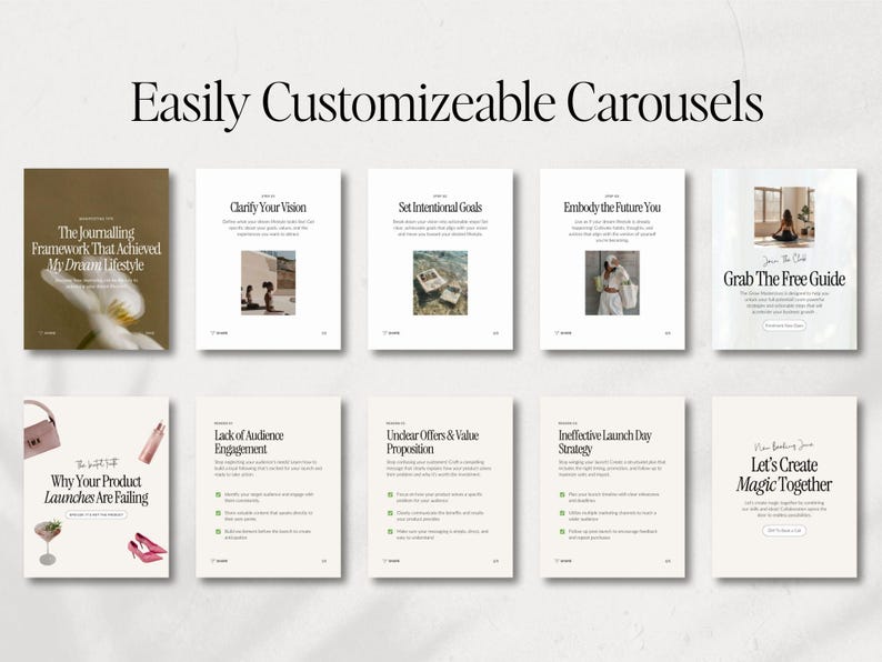 May include: A collage of nine images with text and photos. The images are arranged in a 3x3 grid. The top row features the text "Clarify Your Vision", "Set Intentional Goals", and "Embody the Future You". The middle row features the text "Lack of Audience Engagement", "Unclear Offers & Value Proposition", and "Ineffective Launch Day Strategy". The bottom row features the text "Why Your Product Launches Are Failing", "Grab The Free Guide", and "Let's Create Magic Together".