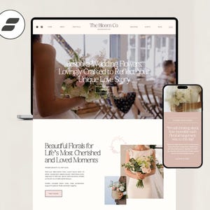 May include: A website design for "The Bloom Co" displayed on a laptop and smartphone. The website promotes bespoke wedding flowers with the text "Lovingly Crafted to Reflect Your Unique Love Story" and "Beautiful Florals for Life's Most Cherished and Loved Moments."