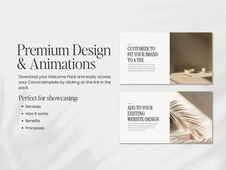 K&ouml;nnte beinhalten: Eine wei&szlig;e und beige Mockup-Vorlage mit dem Text "Premium Design & Animationen". Der Text "Laden Sie Ihr Willkommenspaket herunter und greifen Sie einfach auf Ihre Canva-Vorlage zu, indem Sie auf den Link im Paket klicken." ist ebenfalls enthalten. Der Text "Perfekt f&uuml;r die Pr&auml;sentation von: Dienstleistungen, Funktionsweise, Vorteile, Prozesse" ist ebenfalls enthalten. Der Text "Anpassen, um Ihrer Marke perfekt zu entsprechen" ist in einem separaten wei&szlig;en Feld enthalten. Der Text "Zu Ihrer bestehenden Website/Design hinzuf&uuml;gen" ist in einem separaten wei&szlig;en Feld enthalten.