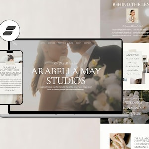 以下が含まれることがあります： ラップトップとスマートフォンには、写真ビジネスであるArabella May Studiosのウェブサイトが表示されています。ウェブサイトにはカップル、フラワーアレンジメント、そして「For True Romantics」というテキストが表示されています。スマートフォンにはお客様の声が表示されています。