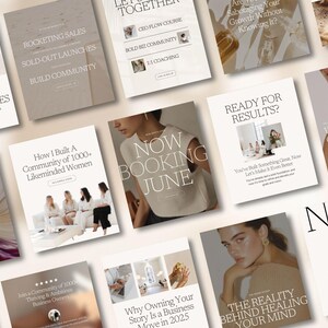 May include: A collage of social media posts with text about building a community, selling products, and coaching. The posts are in a minimalist style with a neutral colour palette.