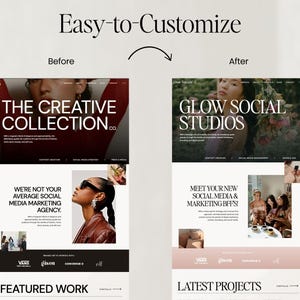 May include: A before-and-after comparison of website designs. The "Before" design features "THE CREATIVE COLLECTION co." with a woman's image. The "After" design showcases "GLOW SOCIAL STUDIOS."