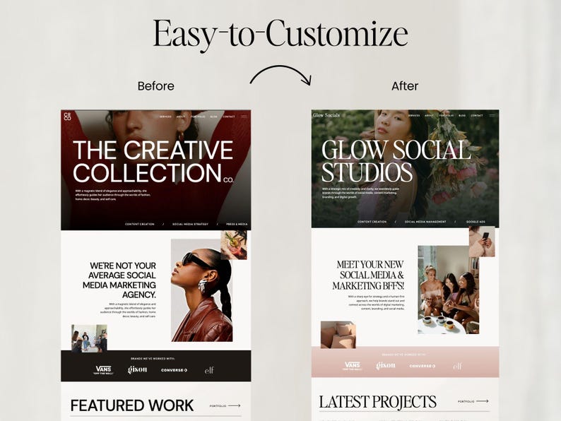 May include: A before-and-after comparison of website designs. The "Before" design features "THE CREATIVE COLLECTION co." with a woman's image. The "After" design showcases "GLOW SOCIAL STUDIOS."