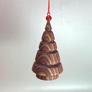 Christmas Tree Ornament, hand turned, brown and maroon laminated wood CO27