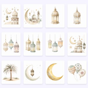 Pode incluir: Um conjunto de 10 ilustra&ccedil;&otilde;es digitais com imagens em estilo aquarela de luas crescentes, estrelas, lanternas, mesquitas e palmeiras. As ilustra&ccedil;&otilde;es est&atilde;o em tons de bege, marrom e azul.