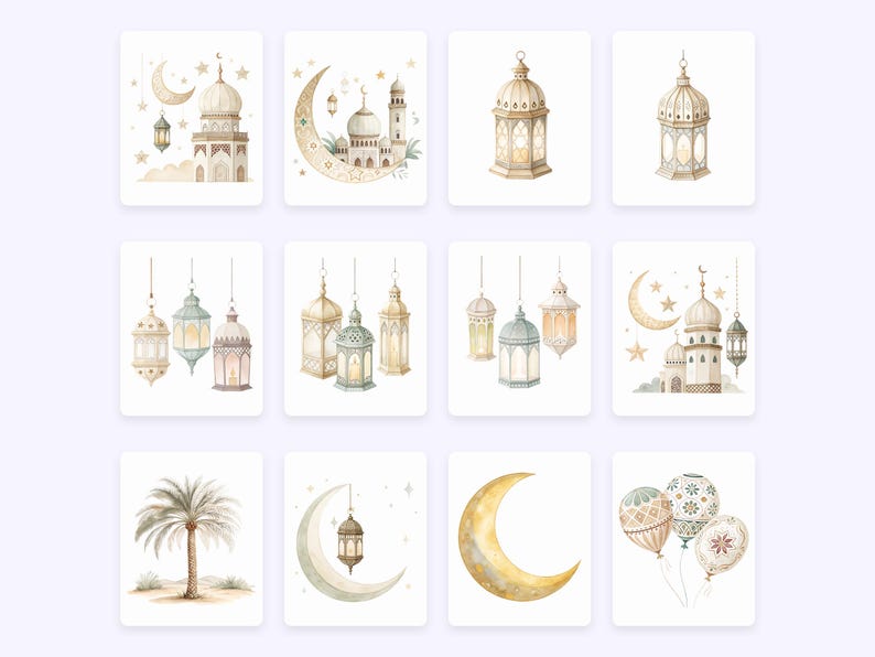 Pode incluir: Um conjunto de 10 ilustra&ccedil;&otilde;es digitais com imagens em estilo aquarela de luas crescentes, estrelas, lanternas, mesquitas e palmeiras. As ilustra&ccedil;&otilde;es est&atilde;o em tons de bege, marrom e azul.