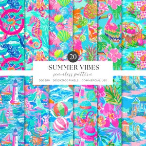 May include: A collection of 20 seamless patterns with a vibrant summer theme. The designs feature nautical elements like seahorses, seashells, and sailboats, alongside tropical motifs such as flamingos, cocktails, and flowers. The color palette includes bright pink, turquoise, and coral.