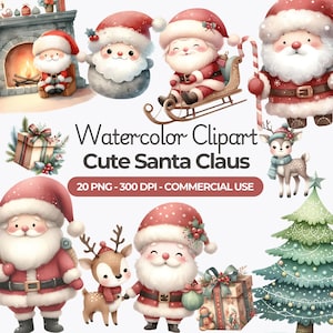 Clipart de Papai Noel fofo, Clipart de Papai Noel em aquarela, Pacote de clipart de Natal, Vila de Natal, PNG de Papai Noel fofo, Uso comercial