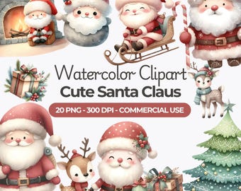 Watercolor Santa Clipart Bundle: Christmas Village PNG (Commercial Use)