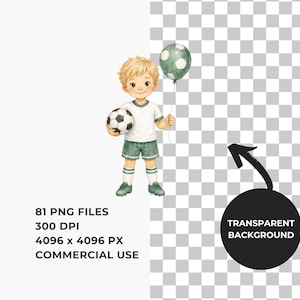 May include: A watercolor illustration of a young child with blonde hair wearing a white jersey and green shorts, holding a black and white soccer ball under one arm and a green and white patterned balloon in the other hand.