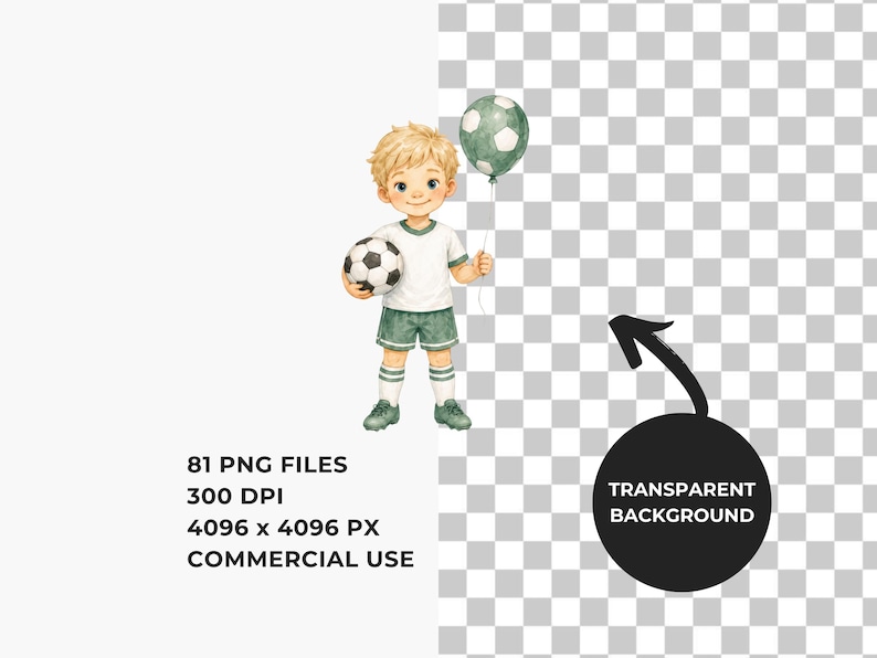 May include: A watercolor illustration of a young child with blonde hair wearing a white jersey and green shorts, holding a black and white soccer ball under one arm and a green and white patterned balloon in the other hand.