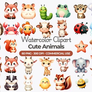Clipart de animais fofos em aquarela, 60 animais bebês PNG, animais em aquarela, clipart de berçário, animais para impressão, uso comercial
