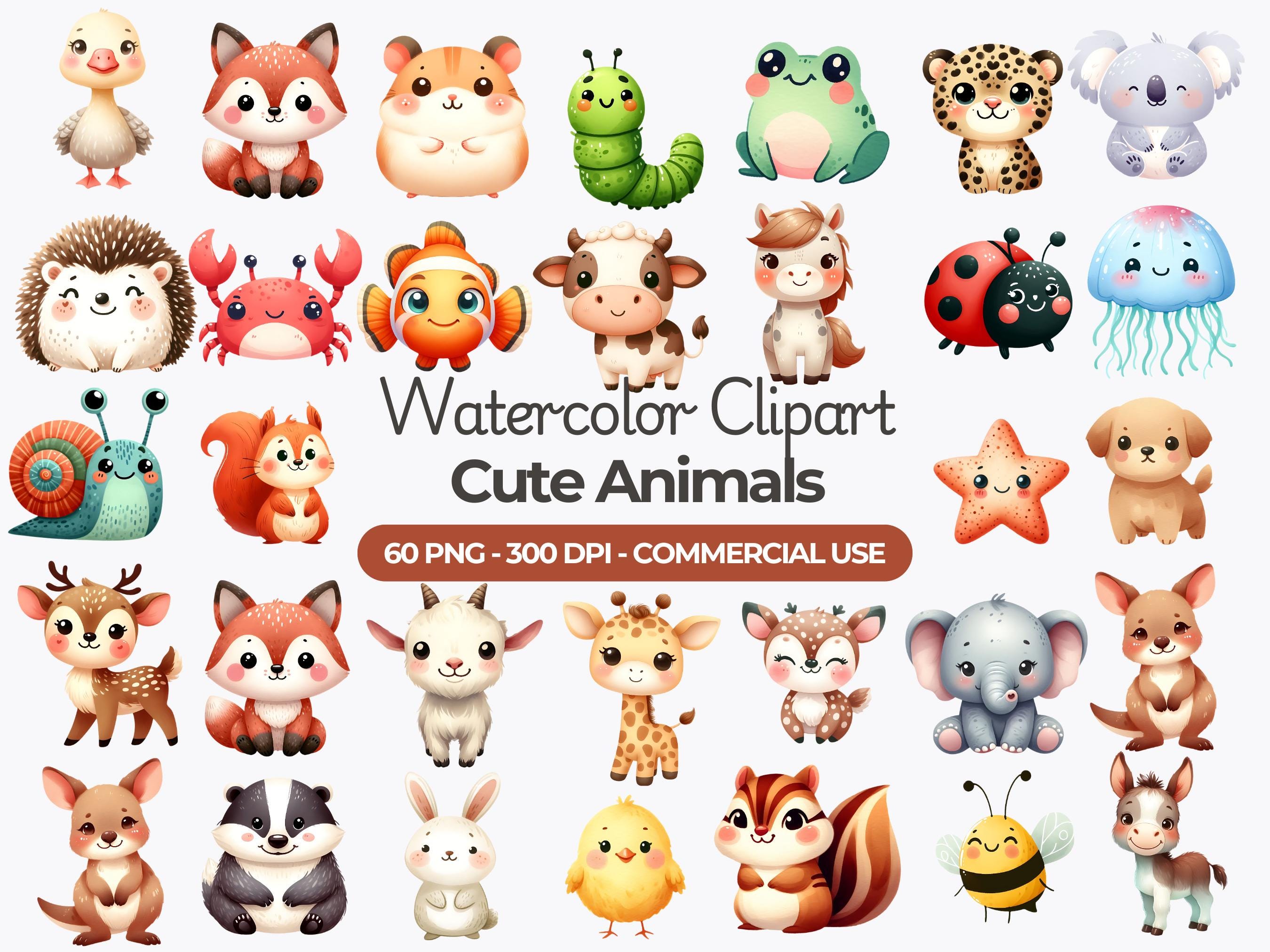 Watercolor Cute Animals Clipart, 60 Baby Animals PNG, Watercolor Animals, Nursery Clipart, Printable Animals, Commercial Use