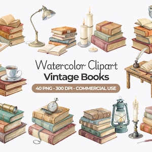 Aquarel vintage boeken clipart, oude boeken png, leesillustraties, stapel boeken, antiek boek, koffieboeken, commercieel gebruik