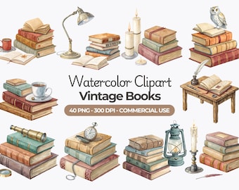 Watercolor Vintage Books Clipart, Antique Book PNG (Commercial Use)