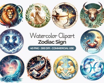 May include: Watercolor clipart of the 12 zodiac signs. Each sign is depicted in a circle with a unique background and design. The signs include Aries, Taurus, Gemini, Cancer, Leo, Virgo, Libra, Scorpio, Sagittarius, Capricorn, Aquarius, and Pisces.