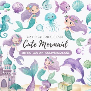 Niedliche Meerjungfrau Clipart, kleine Meerjungfrau PNG, unter dem Meer, Meerestiere, Mermaid Tails, Seepferdchen, Delphin, Muschel, Seestern, kommerzielle Nutzung