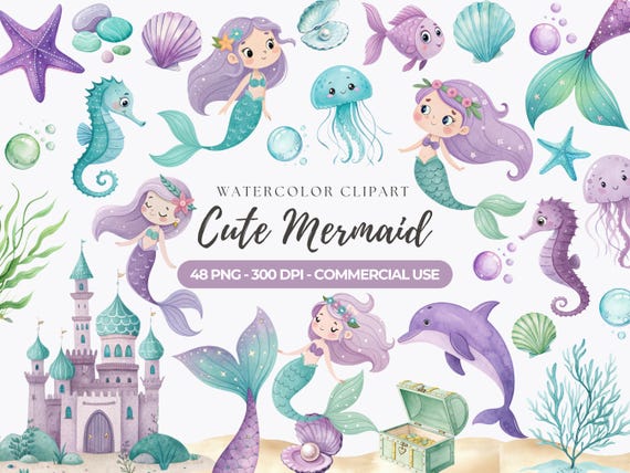 Cute Mermaid Clipart, Little Mermaid PNG, Under The Sea, Sea Animals, Mermaid Tails, Seahorse, Dolphin, Seashell, Starfish, Commercial Use