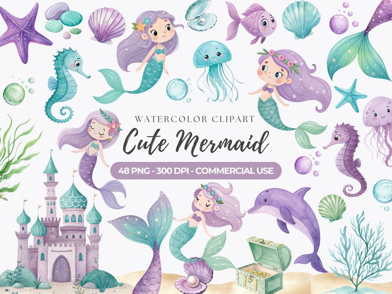 Pu&ograve; includere: Clipart ad acquerello con simpatiche sirene, cavallucci marini, pesci e un delfino. Le illustrazioni sono nelle tonalit&agrave; del viola, del verde acqua e del rosa. L'immagine include un castello, conchiglie e un forziere. Il testo sull'immagine recita "Cute Mermaid".