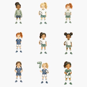 May include: A collection of nine illustrated figures of children dressed in soccer uniforms. The characters feature diverse hairstyles and skin tones, wearing jerseys, shorts, and socks. Some figures hold soccer balls, while one holds a number seven balloon.