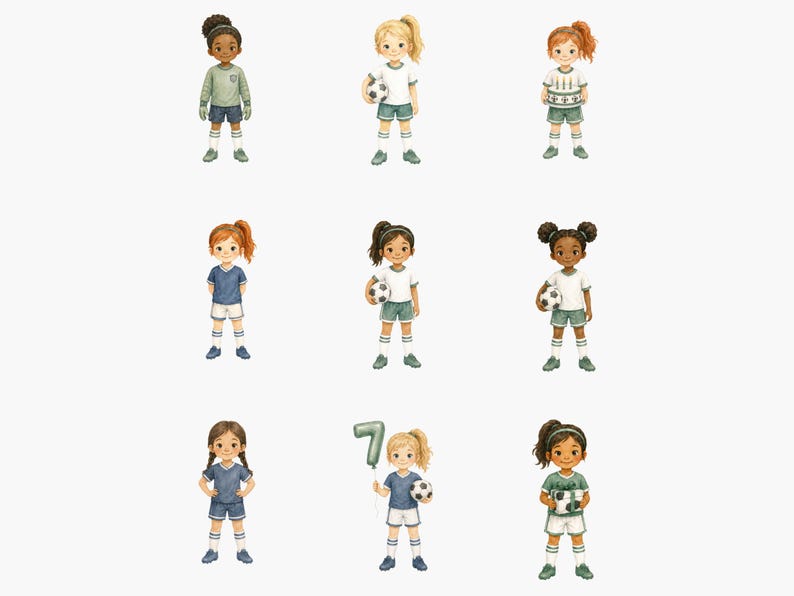 May include: A collection of nine illustrated figures of children dressed in soccer uniforms. The characters feature diverse hairstyles and skin tones, wearing jerseys, shorts, and socks. Some figures hold soccer balls, while one holds a number seven balloon.