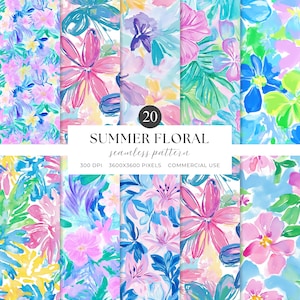 Motif floral sans couture d'été, Motif floral tropical, Papier numérique preppy, Motifs de fleurs d'été preppy, Papier de scrapbooking numérique