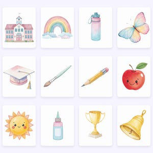 Op de afbeelding: Waterverfillustraties met schoolthema. Bevat een schoolgebouw, regenboog, waterfles, vlinder, afstudeerhoed, penseel, potlood, appel, zon, lijmfles, trofee en bel. Perfect voor educatieve decoratie.