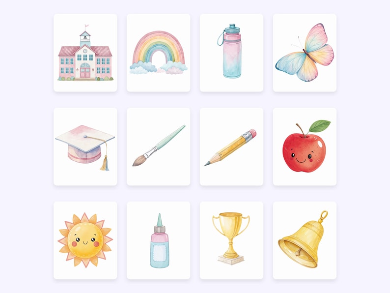 Op de afbeelding: Waterverfillustraties met schoolthema. Bevat een schoolgebouw, regenboog, waterfles, vlinder, afstudeerhoed, penseel, potlood, appel, zon, lijmfles, trofee en bel. Perfect voor educatieve decoratie.