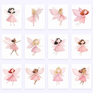 K&ouml;nnte beinhalten: Satz von zehn digitalen Illustrationen von Feen mit rosa Fl&uuml;geln und Kleidern. Jede Fee hat eine andere Frisur und Gesichtsz&uuml;ge.