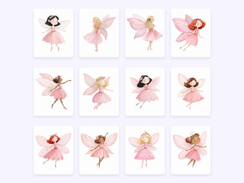 K&ouml;nnte beinhalten: Satz von zehn digitalen Illustrationen von Feen mit rosa Fl&uuml;geln und Kleidern. Jede Fee hat eine andere Frisur und Gesichtsz&uuml;ge.