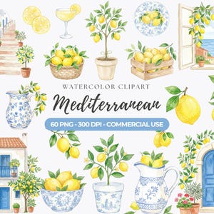May include: A collection of watercolor illustrations featuring Mediterranean themes including lemon trees in pots, lemons in baskets and bowls, blue and white ceramic pitchers, a coastal window view, a house with blue shutters, and a lemon ice cream cone.