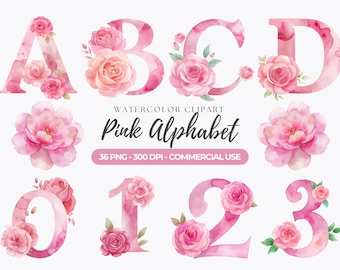 Alfabeto floral rosa, letras de acuarela, PNG (descarga digital)