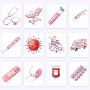 May include: A set of watercolor illustrations of medical supplies and equipment, including a stethoscope, examination table, test tube, syringe, thermometer, coronavirus, wheelchair, ambulance, bandage, gauze, blood bag, and pills.