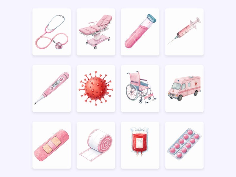 May include: A set of watercolor illustrations of medical supplies and equipment, including a stethoscope, examination table, test tube, syringe, thermometer, coronavirus, wheelchair, ambulance, bandage, gauze, blood bag, and pills.