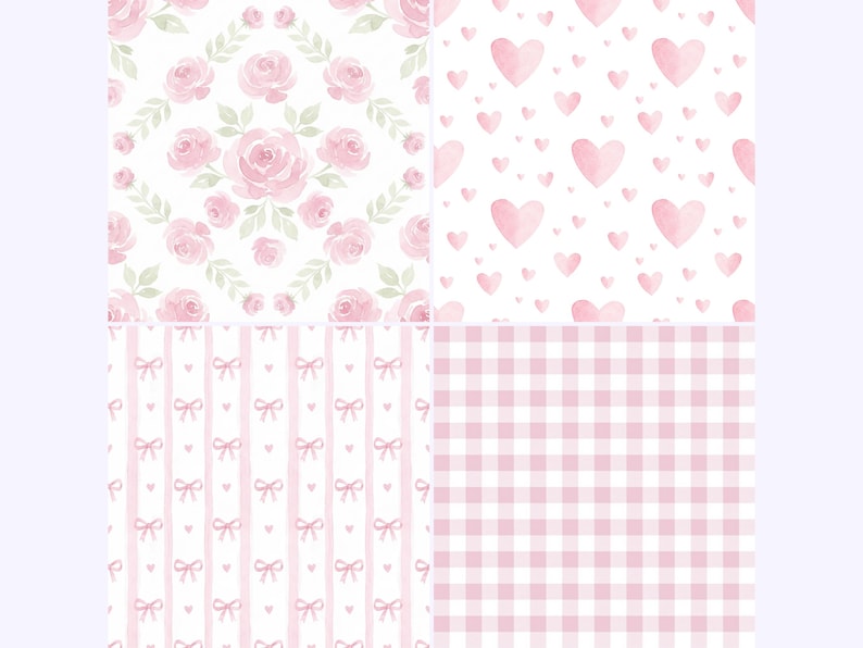 Coquette Seamless Patterns, Pink Watercolor Bows, Rose Floral Digital Paper, Preppy Pattern (JPG, PNG) image 4