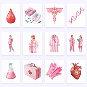 May include: A set of watercolor illustrations depicting medical supplies and healthcare professionals. The illustrations include a blood drop, a blood pressure cuff, a stethoscope, a DNA strand, a doctor's coat, two doctors wearing masks, a lab flask, a first aid kit, a pair of medical gloves, and a human heart.