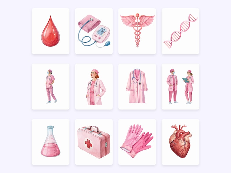 May include: A set of watercolor illustrations depicting medical supplies and healthcare professionals. The illustrations include a blood drop, a blood pressure cuff, a stethoscope, a DNA strand, a doctor's coat, two doctors wearing masks, a lab flask, a first aid kit, a pair of medical gloves, and a human heart.