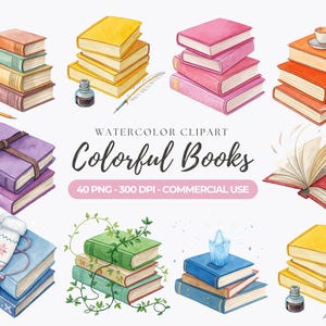 Imágenes prediseñadas de libros de acuarela, libros coloridos PNG, gráficos educativos, imágenes prediseñadas de lectura, pila de libros, libro pastel, arte infantil, uso comercial