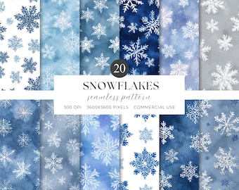 May include: A collection of 20 seamless snowflake patterns in shades of blue and white. The designs feature various snowflake styles on watercolor backgrounds. Text on the image reads "SNOWFLAKES seamless pattern".