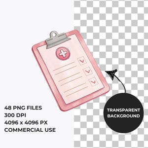 May include: A pink clipboard with a white checklist and a red cross symbol. The clipboard has a black clip and is drawn in a watercolor style.