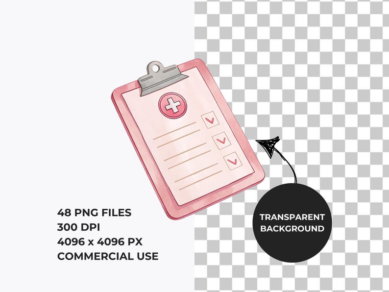May include: A pink clipboard with a white checklist and a red cross symbol. The clipboard has a black clip and is drawn in a watercolor style.