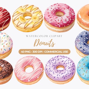 Clipart de Donuts em Aquarela, Donuts PNG, Clipart de Comida, Donuts Bonitos, Donuts Rosa, Donut com Granulado, Uso Comercial